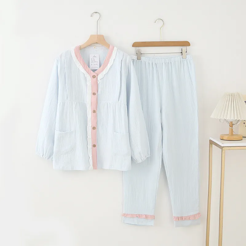 Sleep Students Dormitory, Home Pajama Set Women's Spring Fall Blue-5