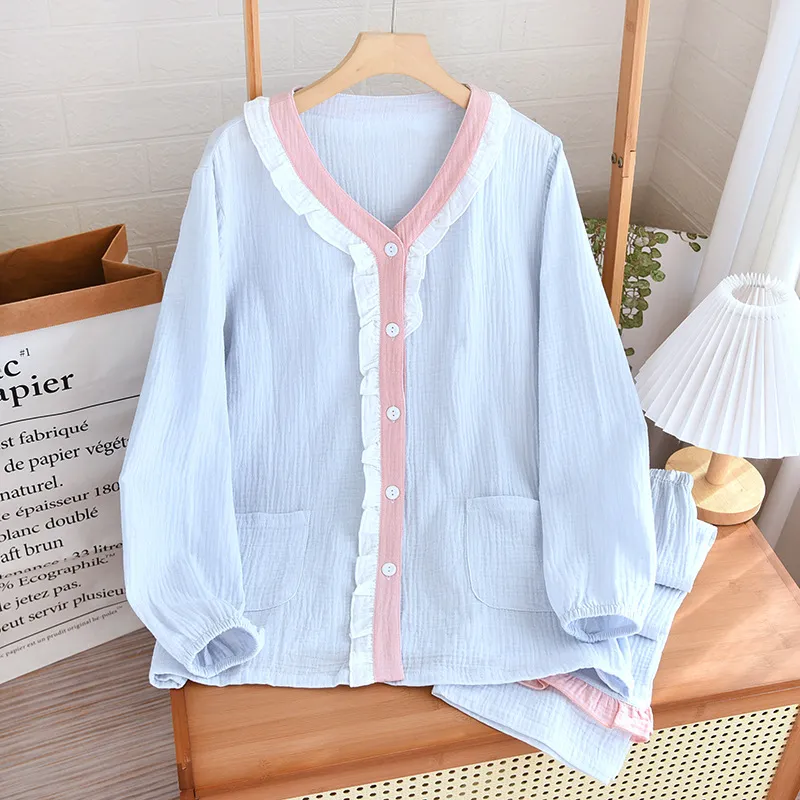 Sleep Students Dormitory, Home Pajama Set Women's Spring Fall Blue-4