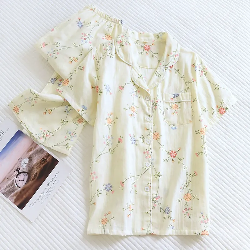 Sleep Pajama Set Women's Light Yellow Flower-4