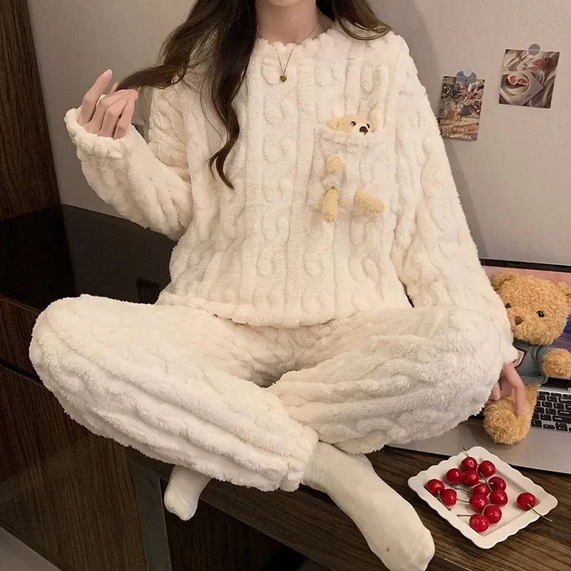 Sleep Students Dormitory Home Outerwear Ready Pajama Set Women's Ecru-1