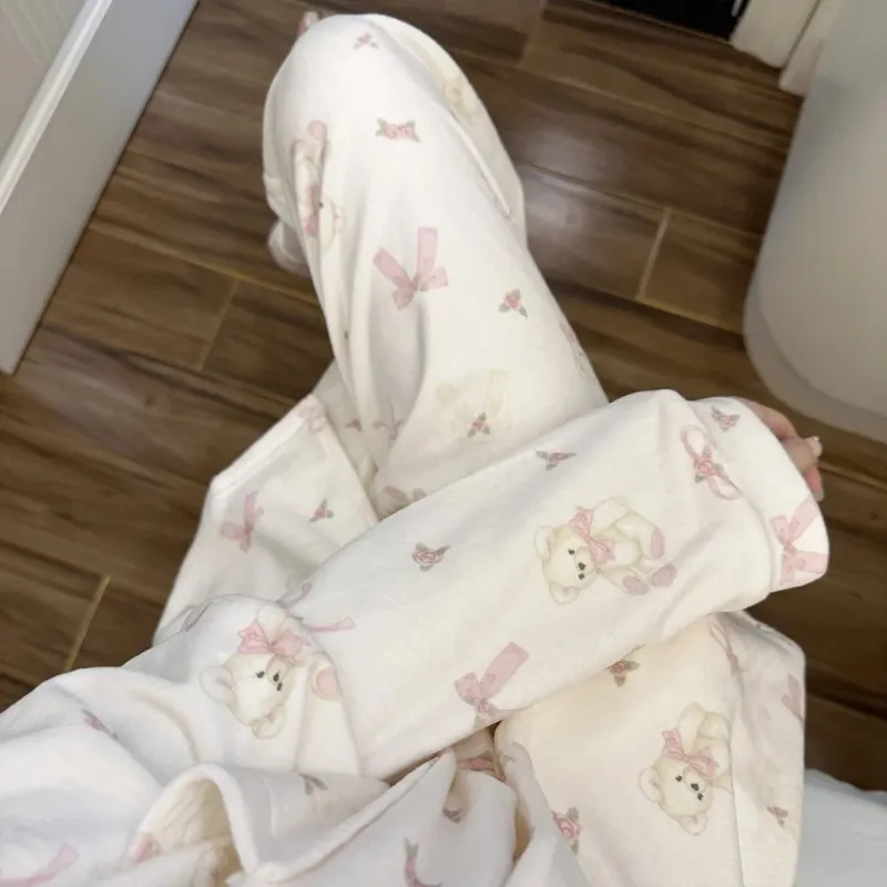Sleep Students Dormitory Home Outerwear Ready Pajama Set Women's Ecru-6