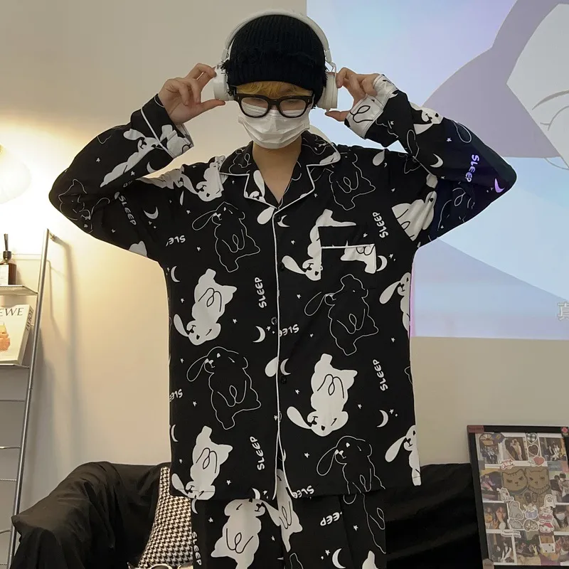Sleep Students Dormitory Home Outerwear Ready Pajama Set Women's Black-3