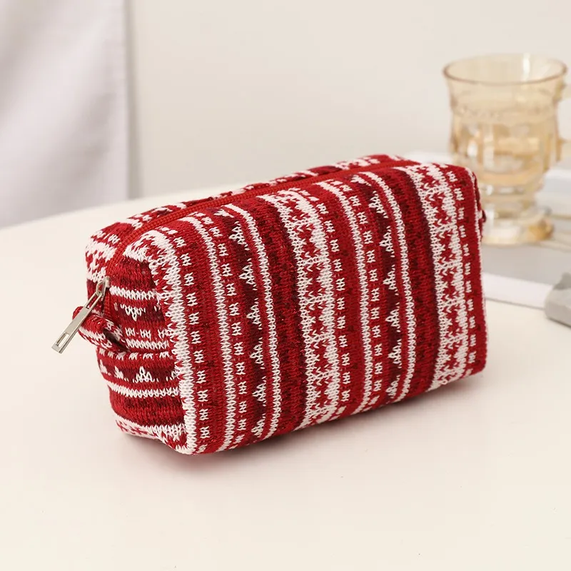 QEEDNS Knitted Fabric Christmas Red Large Capacity Makeup Bags-7