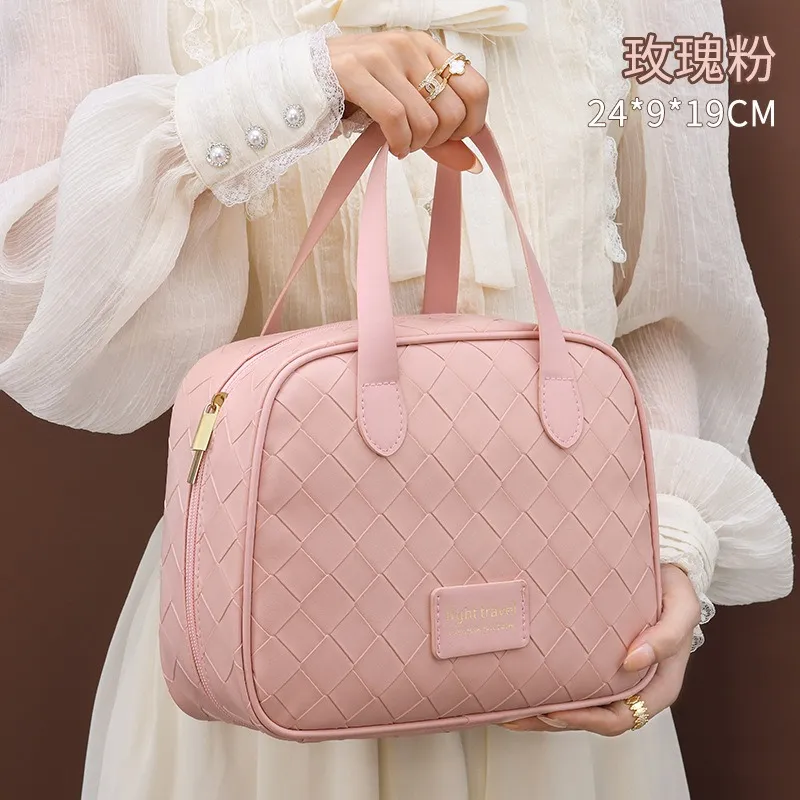 QEEDNS Good Looking Woven Plaid Cream Large Capacity Handheld Crescent Bag Makeup Bags-2