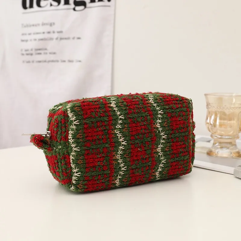 QEEDNS Knitted Fabric Christmas Red Large Capacity Makeup Bags-11
