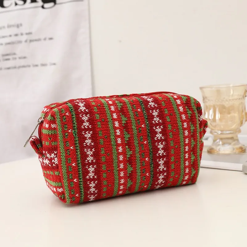QEEDNS Knitted Fabric Christmas Red Large Capacity Makeup Bags-9