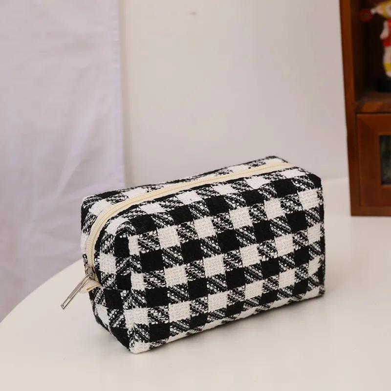 QEEDNS Ins Refreshing Green Plaid Makeup Bags Large Capacity Canvas-5