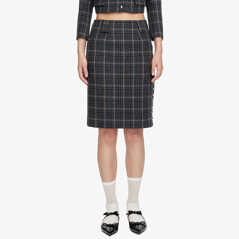 HERLIAN Casual Long Skirt Women's Gray Plaid-2