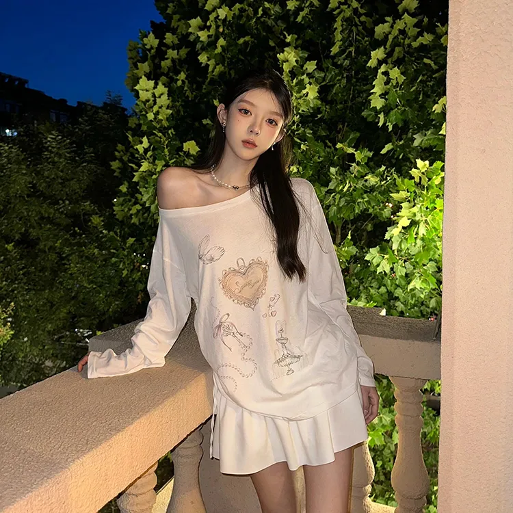 SUNSUNTOWN Drop Shoulder Sleeve T Shirt Women's White-2