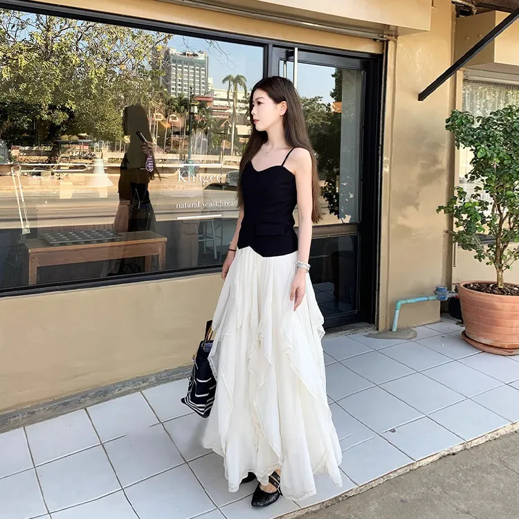SUNSUNTOWN Casual Long Skirt Women's White-6