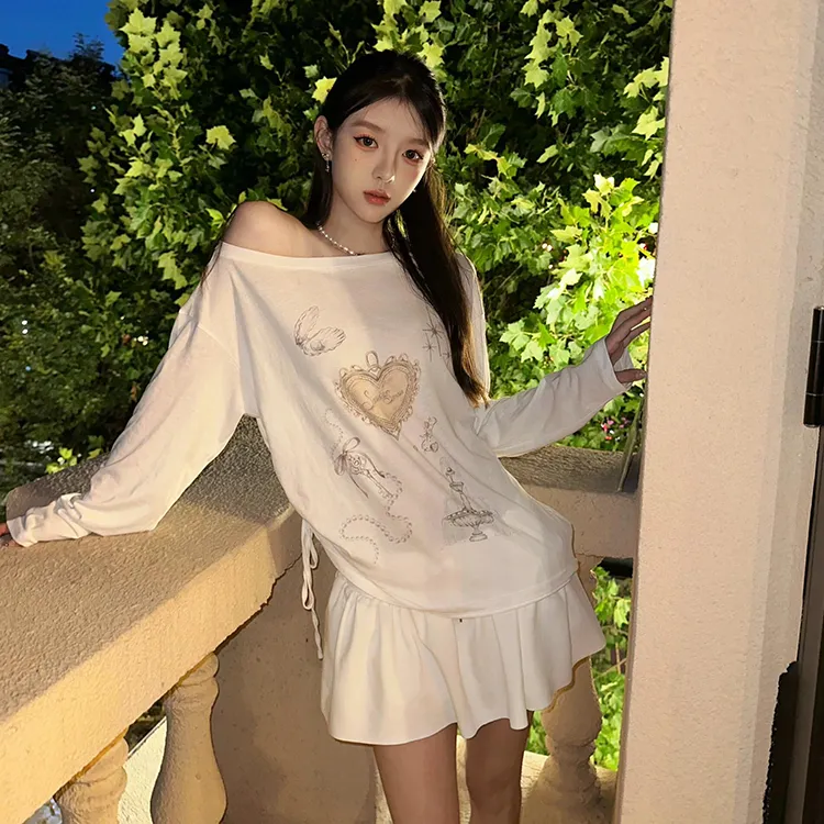 SUNSUNTOWN Drop Shoulder Sleeve T Shirt Women's White-3