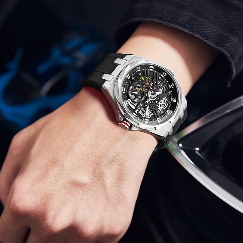 DOM Cut Out Mechanical Collection Mechanical Movement Rubber Strap Watch Unisex Black Dial-3