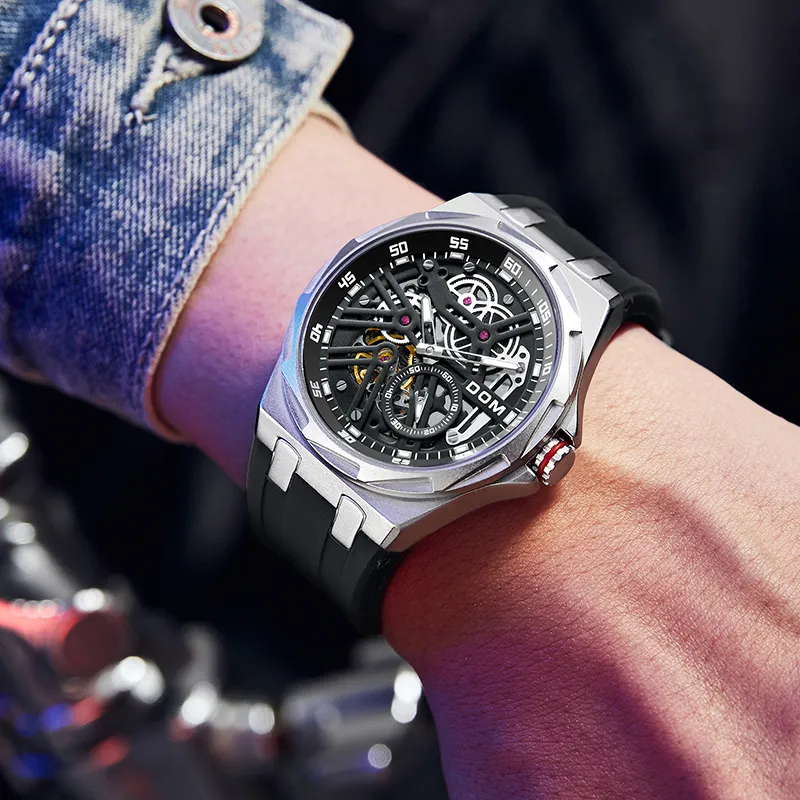 DOM Cut Out Mechanical Collection Mechanical Movement Rubber Strap Watch Unisex Black Dial-1