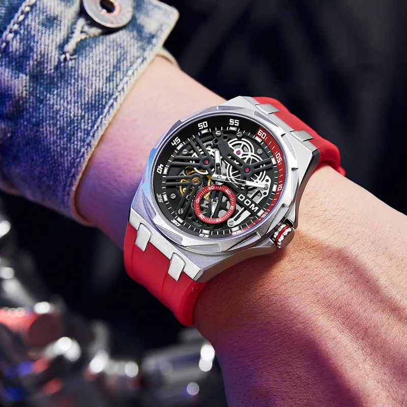 DOM Cut Out Mechanical Collection Mechanical Movement Rubber Strap Watch Unisex Black Dial-6