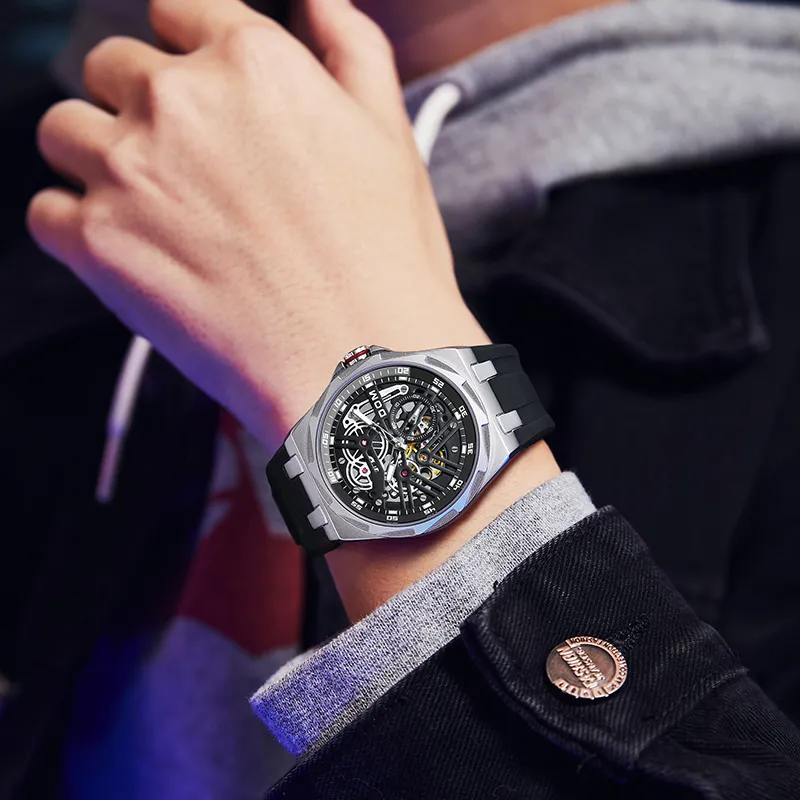 DOM Cut Out Mechanical Collection Mechanical Movement Rubber Strap Watch Unisex Black Dial-2