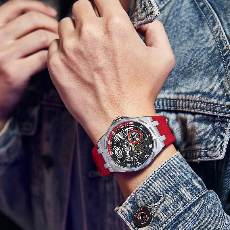 DOM Cut Out Mechanical Collection Mechanical Movement Rubber Strap Watch Unisex Black Dial-9