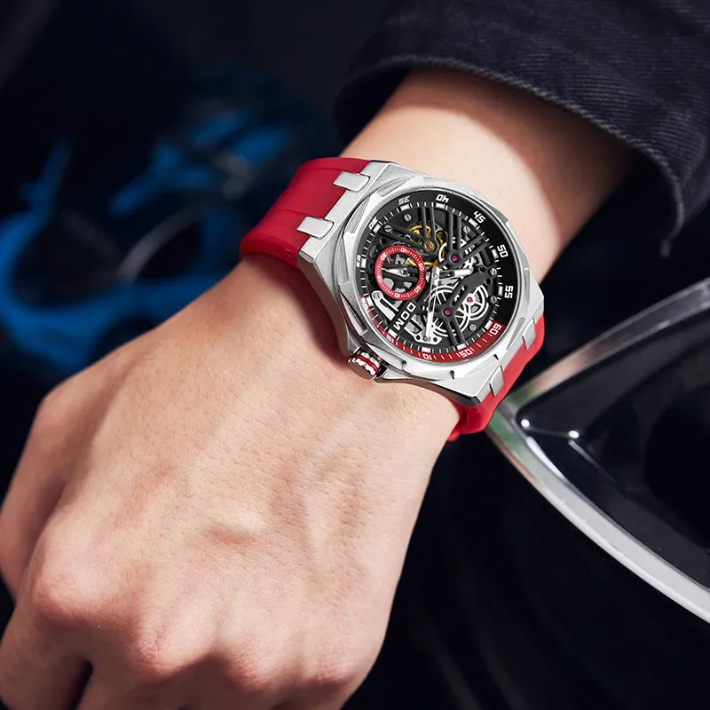 DOM Cut Out Mechanical Collection Mechanical Movement Rubber Strap Watch Unisex Black Dial-7