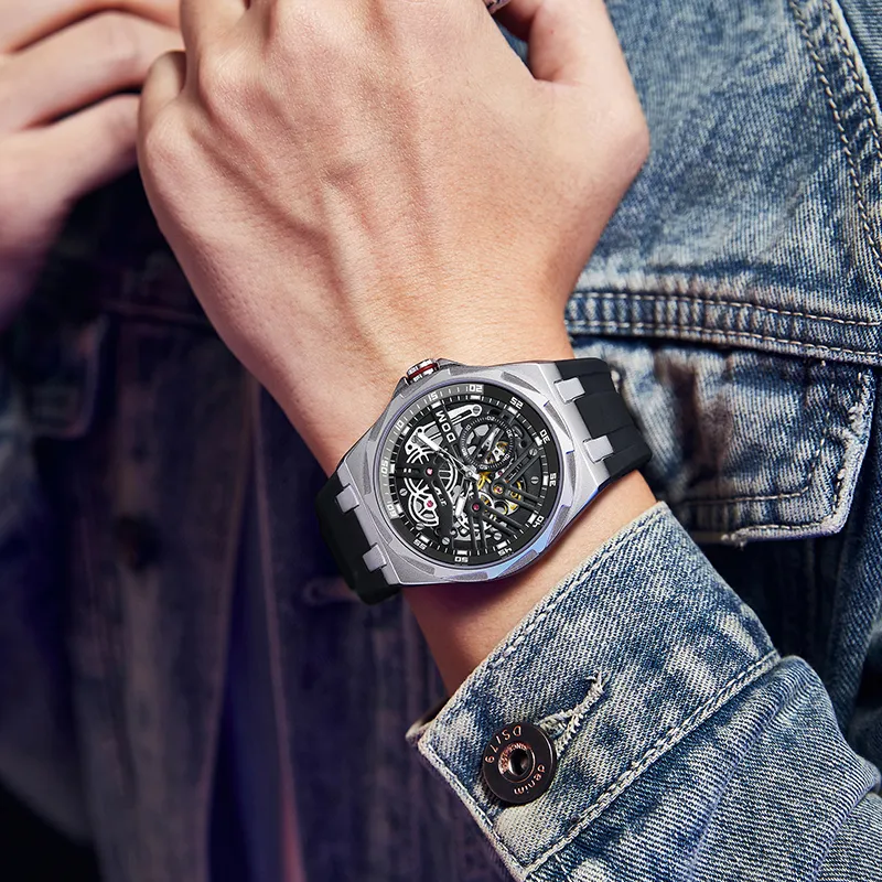 DOM Cut Out Mechanical Collection Mechanical Movement Rubber Strap Watch Unisex Black Dial-4
