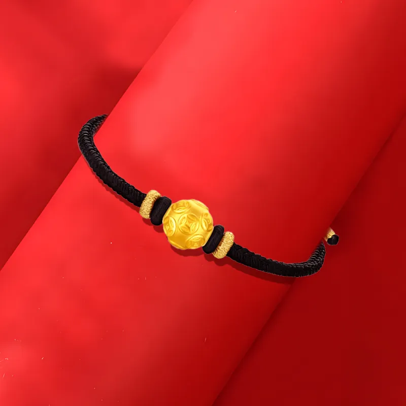 Pinji Money Coin Fortune Bead Good Luck Hand Rope Wealth Rich Overnight Solid Gold 999 Fixed Price Gold Bracelet Unisex-2