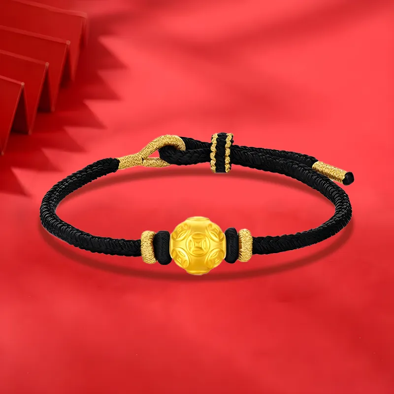 Pinji Money Coin Fortune Bead Good Luck Hand Rope Wealth Rich Overnight Solid Gold 999 Fixed Price Gold Bracelet Unisex-1
