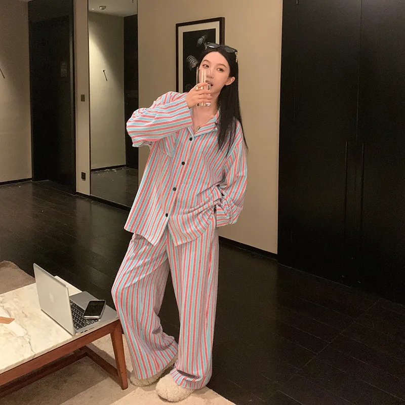 Ouyang Casual Pants Women's Blue Red Stripes-2