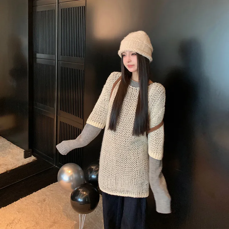 Ouyang Long-Sleeved Dresses Women's Dark Gray Beige-4