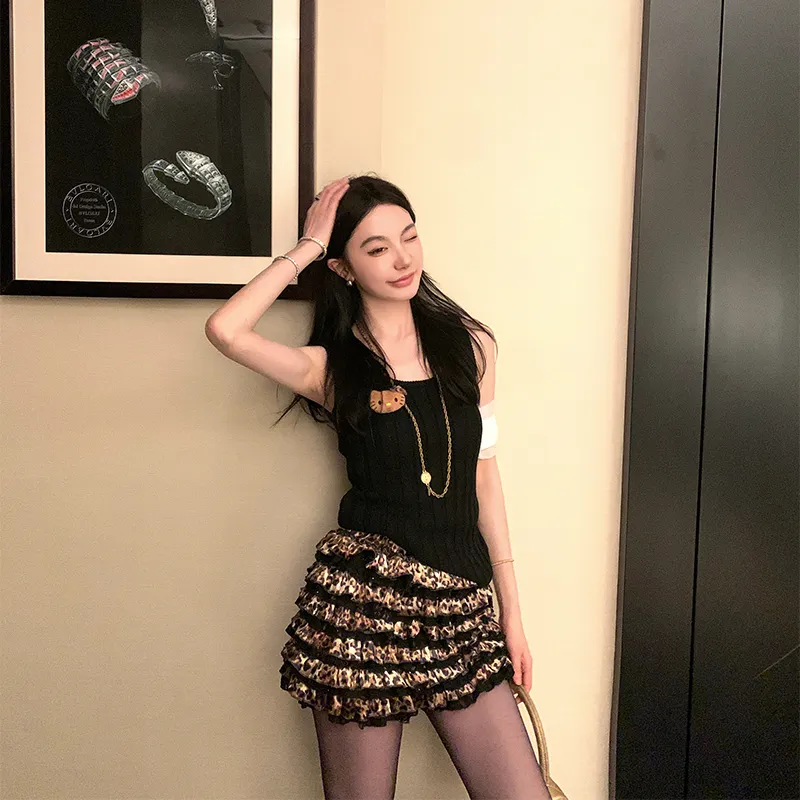 Ouyang Casual Short Skirts Women's Leopard Print-2