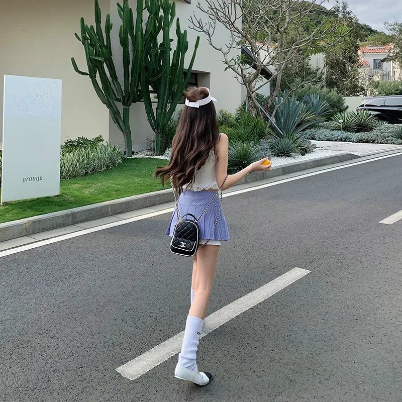 Ouyang Casual Short Skirts Women's Blue White Plaid-5