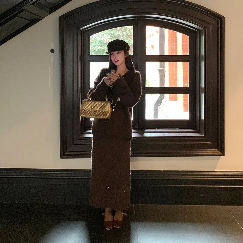 Ouyang Knit Long Skirts Women's Caramel Brown-4