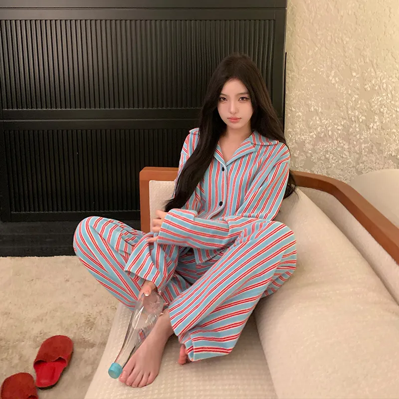 Ouyang Casual Pants Women's Blue Red Stripes-3