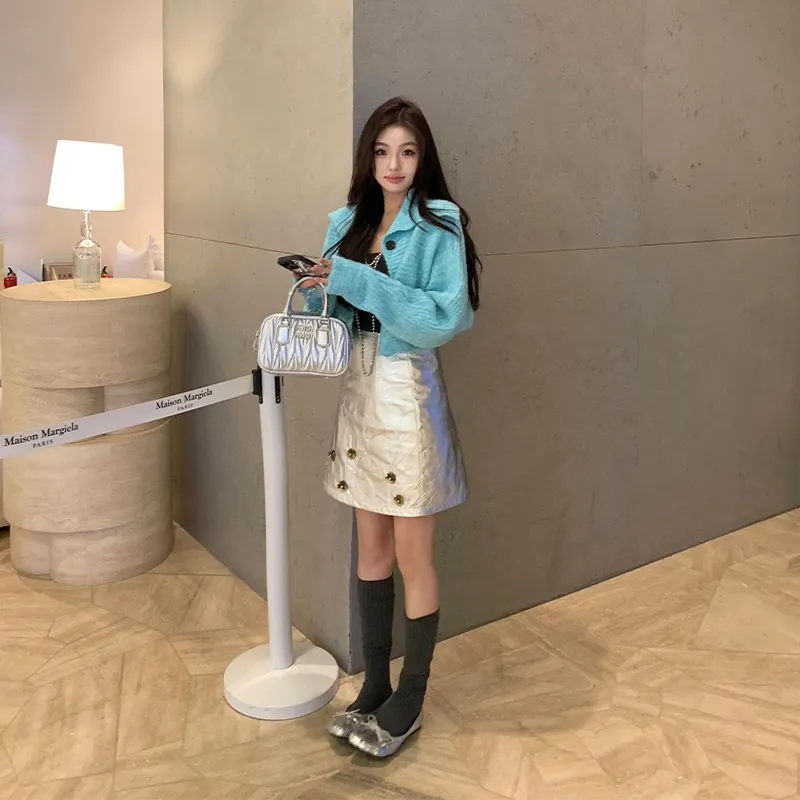 Ouyang Leather Short Skirts Women's Silver-5
