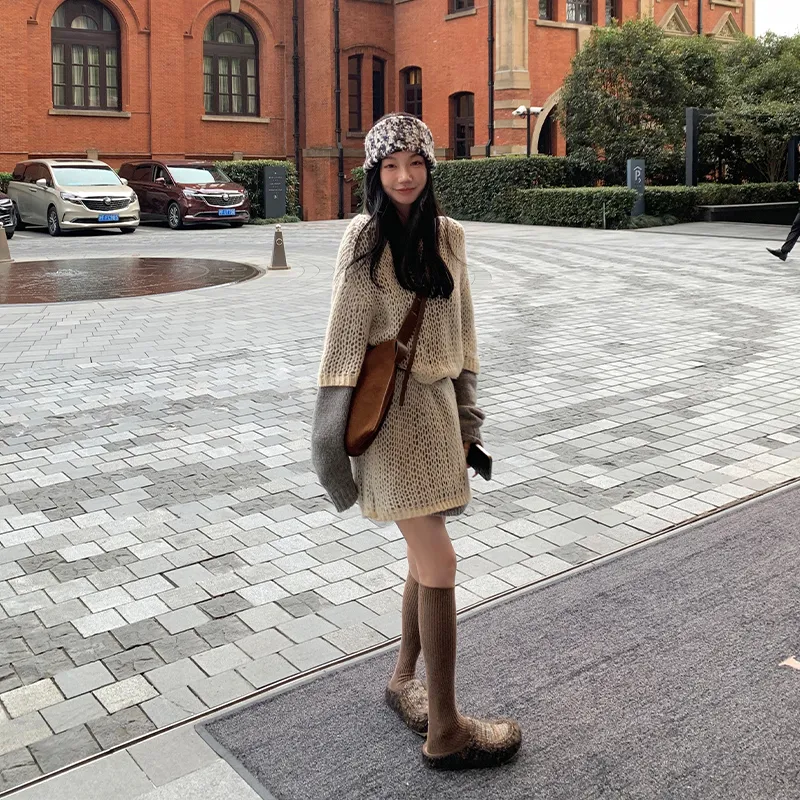 Ouyang Long-Sleeved Dresses Women's Dark Gray Beige-3
