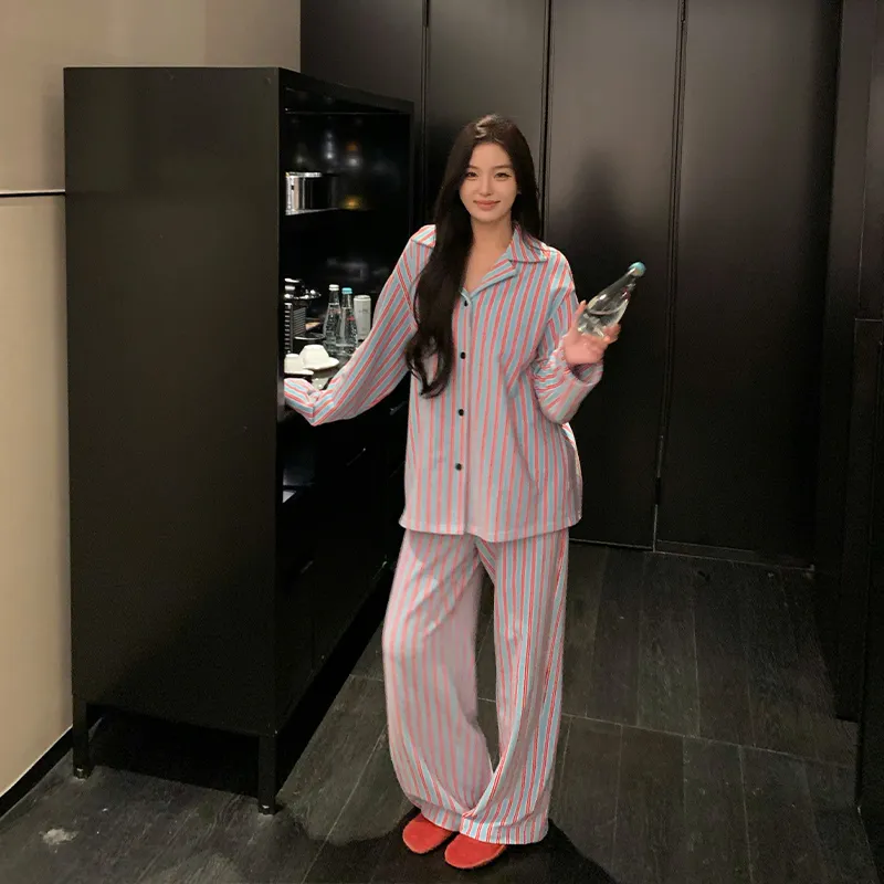 Ouyang Casual Pants Women's Blue Red Stripes-4