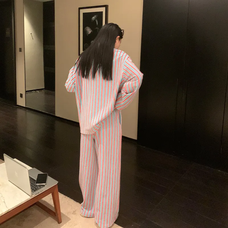 Ouyang Casual Pants Women's Blue Red Stripes-5