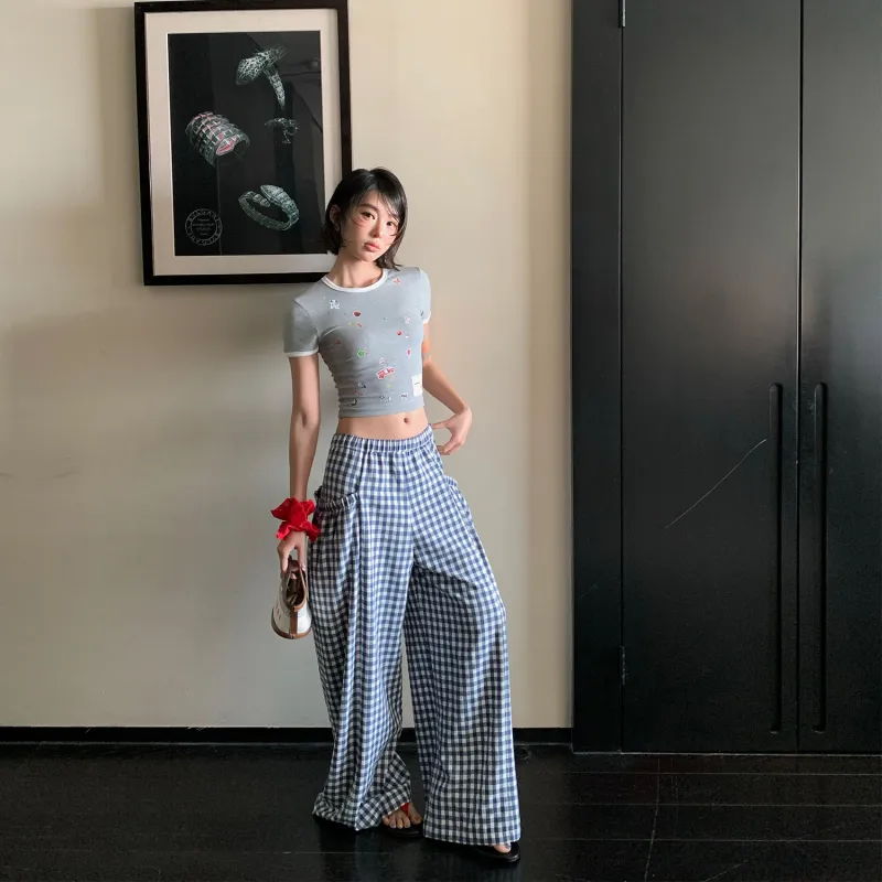 Ouyang Casual Pants Women's Blue White Plaid-3