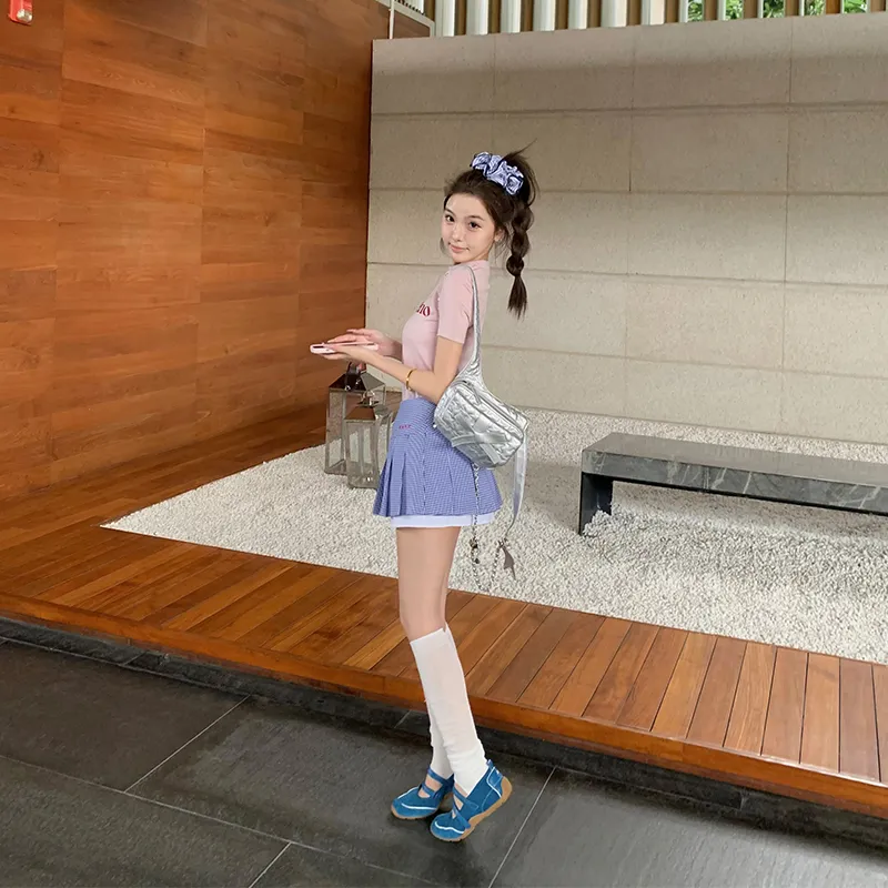 Ouyang Casual Short Skirts Women's Blue White Plaid-3
