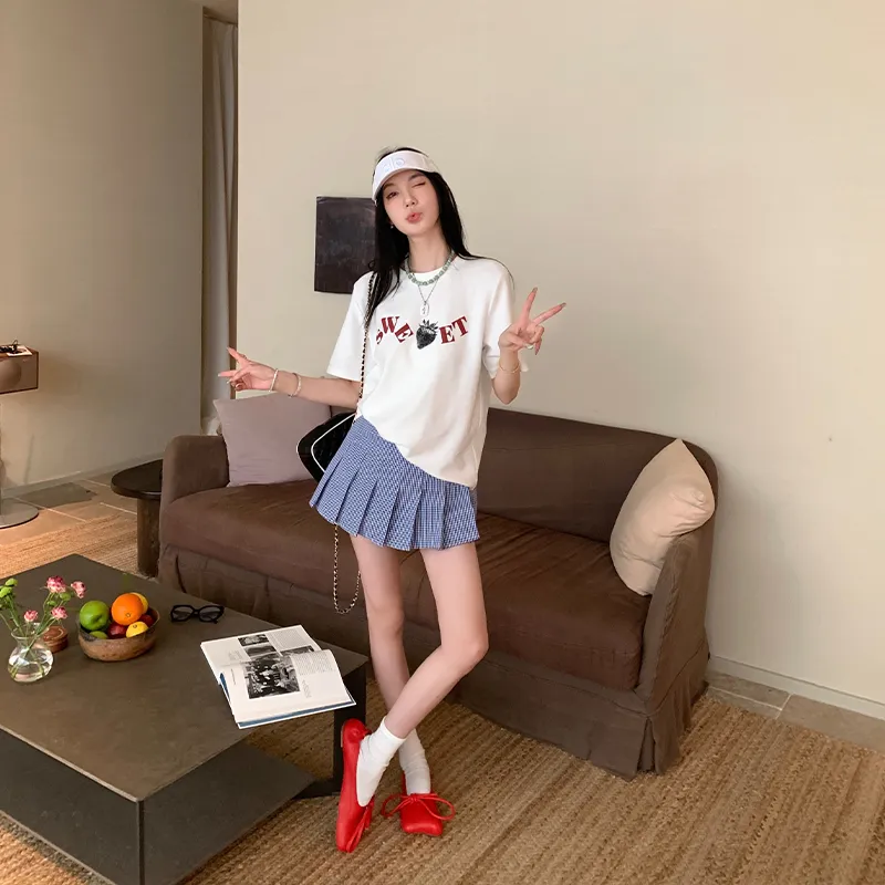 Ouyang Casual Short Skirts Women's Blue White Plaid-4
