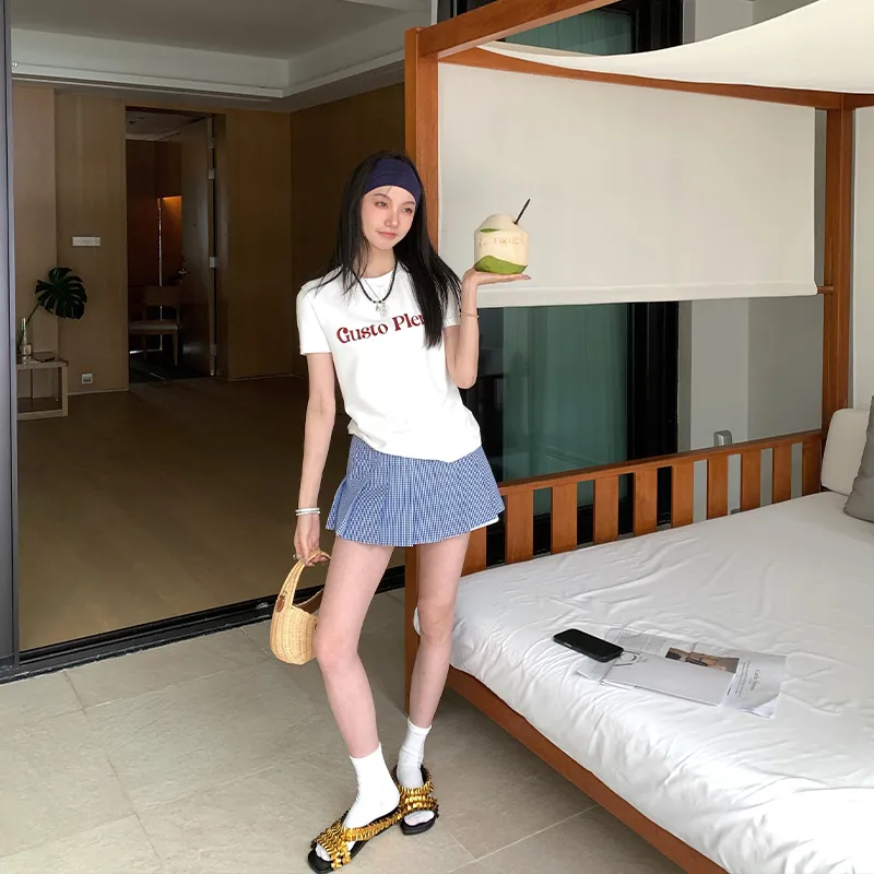 Ouyang Casual Short Skirts Women's Blue White Plaid-2