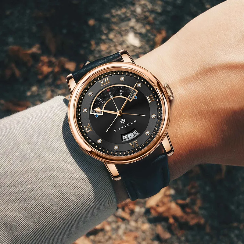 PONIGER Trident Watch Fashion Business Automatic Mechanical Movement Genuine Leather Strap Men's Watches White Dial-22