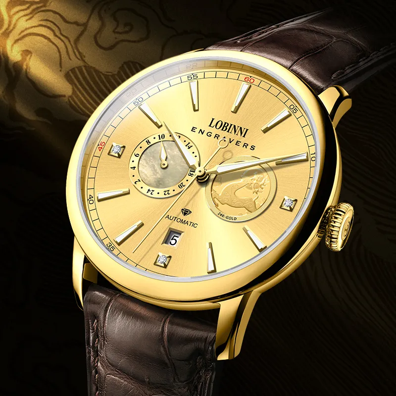 LOBINNI L Affordable Luxury Men's Watch Mechanical Movement Cowhide Strap Watch Men's Watches Gold Dial-4