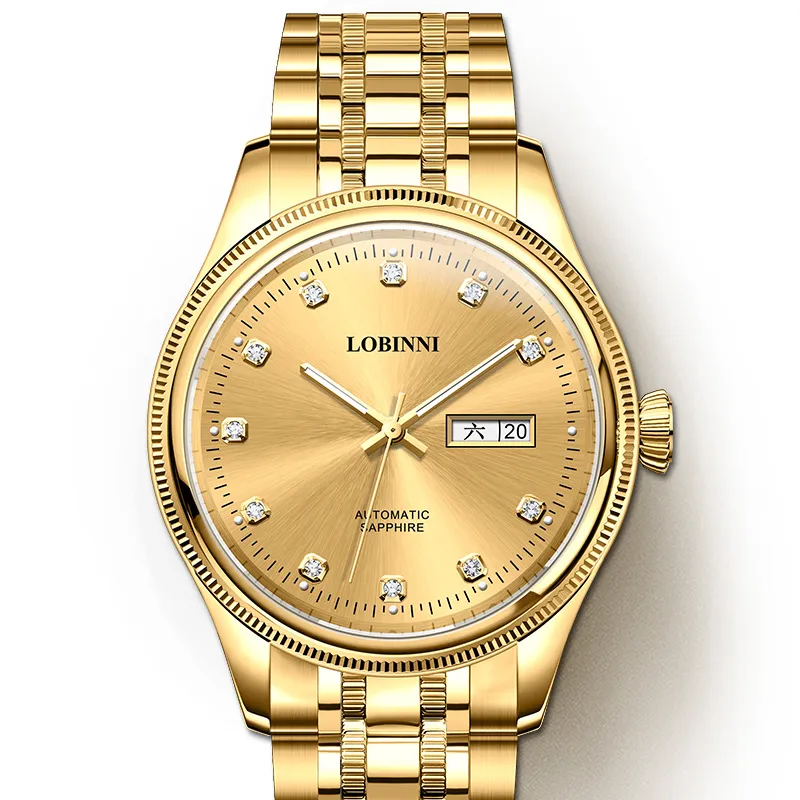 LOBINNI L Business Men's Watch Mechanical Movement Stainless Steel Watchband Watch Men's Watches Gold Dial-7