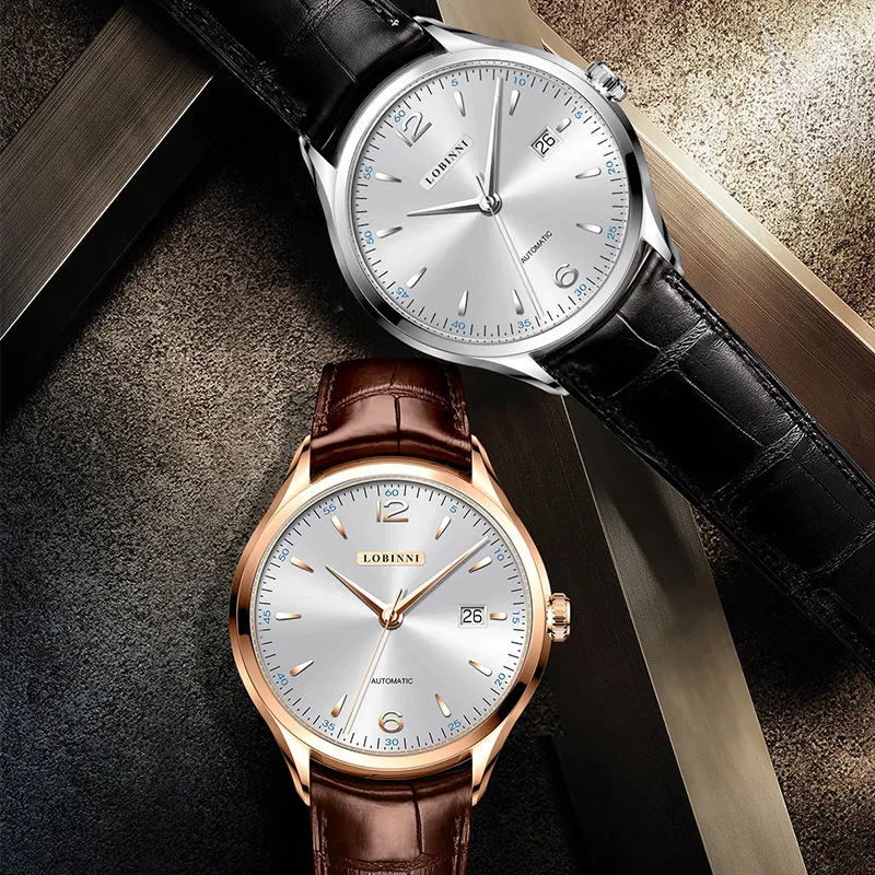 LOBINNI L High-End Taste Men's Wrist Watch Automatic Mechanical Movement Cowhide Strap Watch Men Silver Dial-3