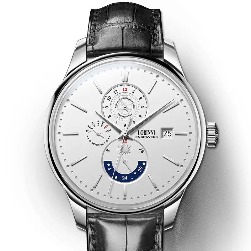 LOBINNI L Automatic Mechanical Movement Cowhide Strap Watch Men's Watches White Dial-2