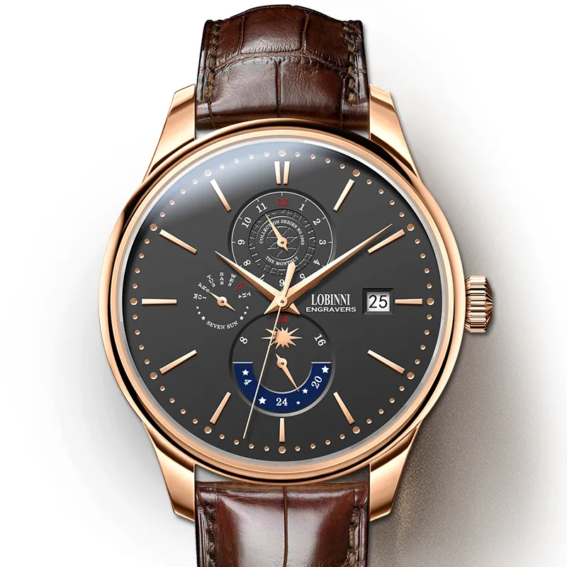 LOBINNI L Automatic Mechanical Movement Cowhide Strap Watch Men's Watches White Dial-16