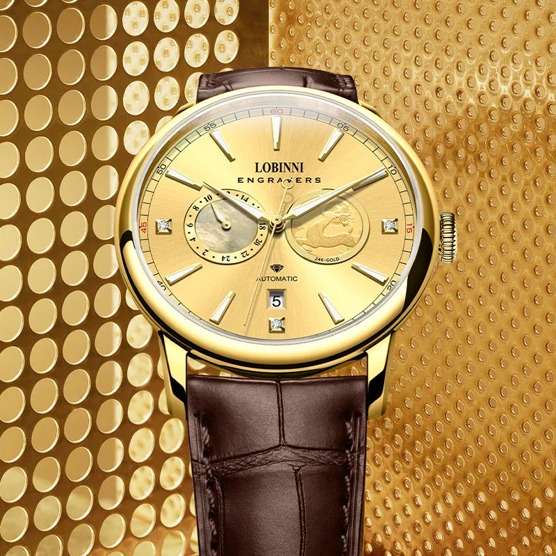 LOBINNI L Affordable Luxury Men's Watch Mechanical Movement Cowhide Strap Watch Men's Watches Gold Dial-5
