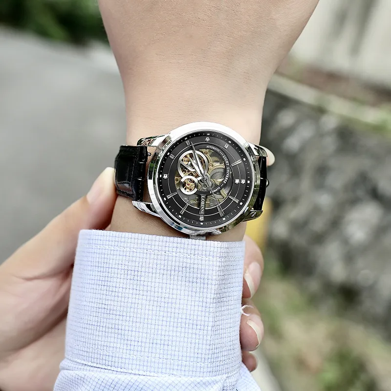 LOBINNI L Automatic Mechanical Movement Genuine Leather Strap Watch Men's Watches Black Dial-4