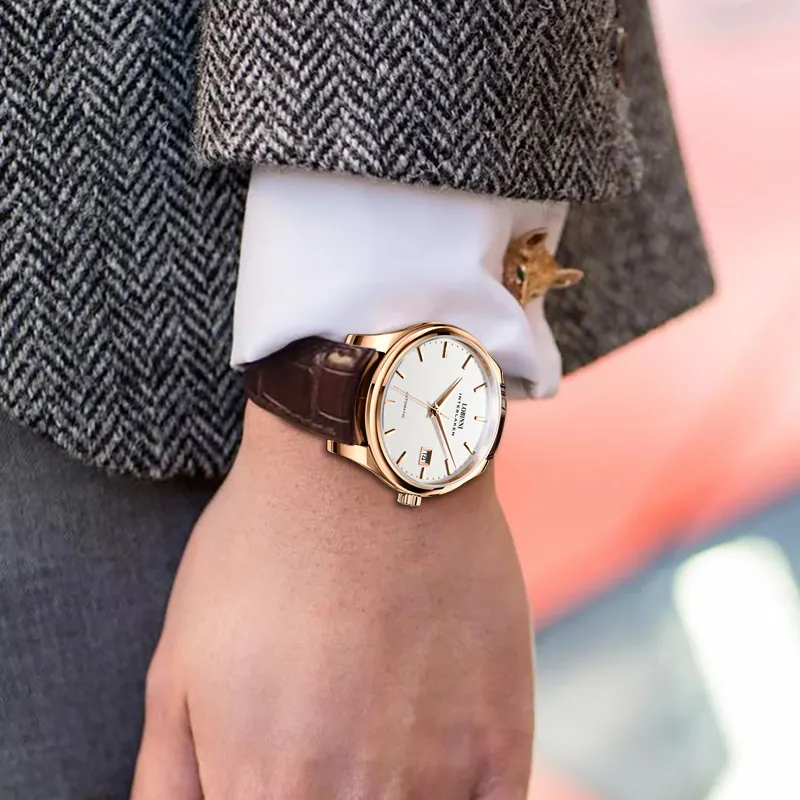 LOBINNI L Extra Thin Men's Watch Automatic Mechanical Movement Cowhide Strap Watch Men's Watches White Dial-9