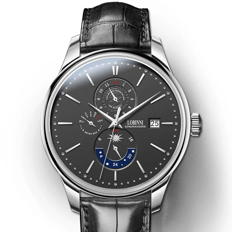 LOBINNI L Automatic Mechanical Movement Cowhide Strap Watch Men's Watches White Dial-6