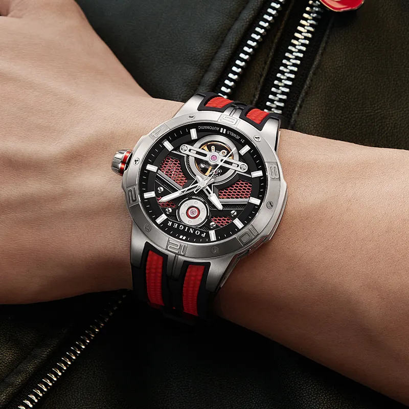 PONIGER Space Man Concept Automatic Mechanical Movement Rubber Strap Men's Watches Cut Out Dial-15