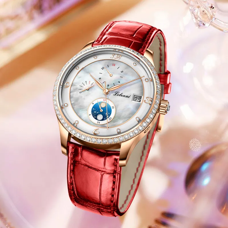 LOBINNI L Elegant Women's Watch Automatic Mechanical Movement Cowhide Strap Watch Women's Watch White Dial-6